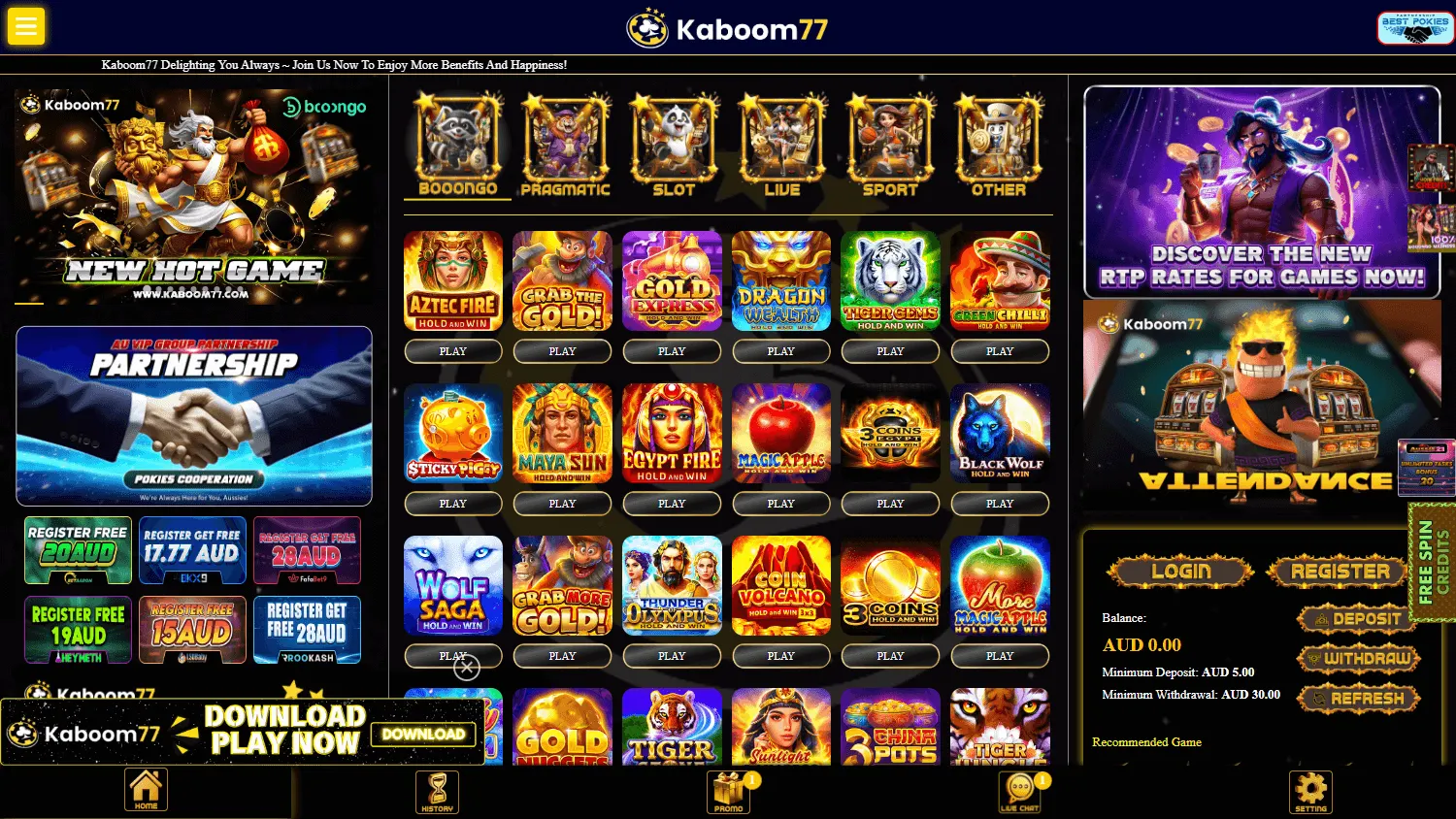 Kaboom Casino home experience on desktop